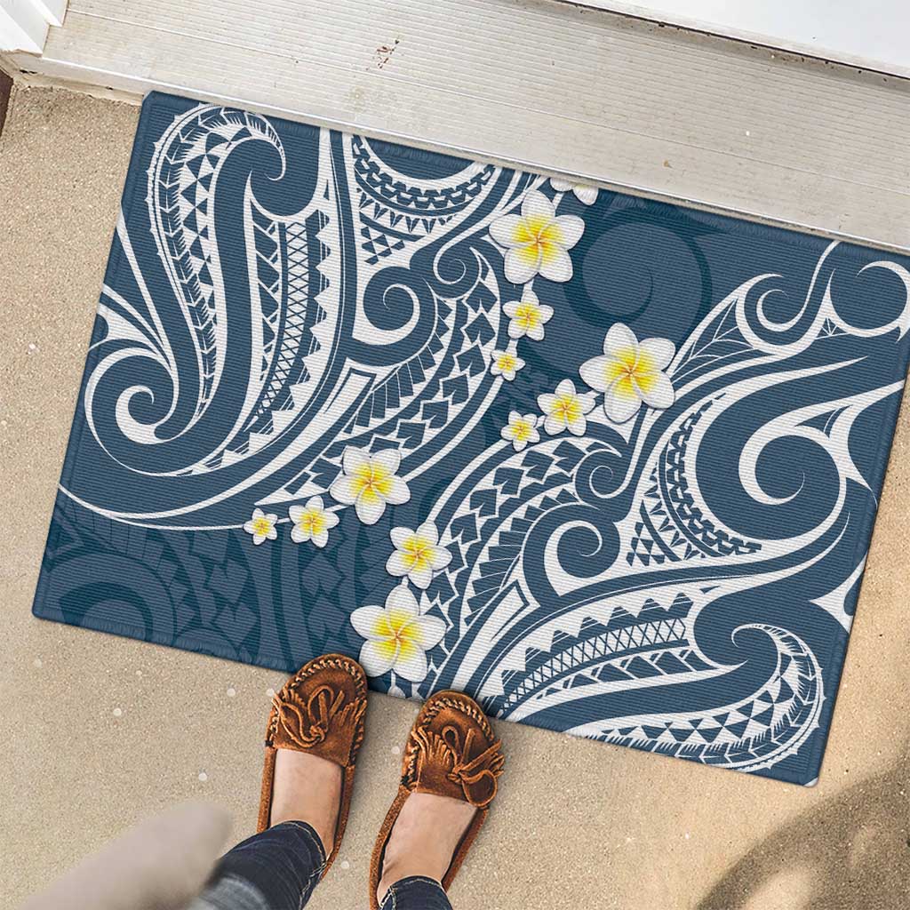 Plumeria With Blue Polynesian Tattoo Pattern Rubber Doormat LT05 - Polynesian Pride