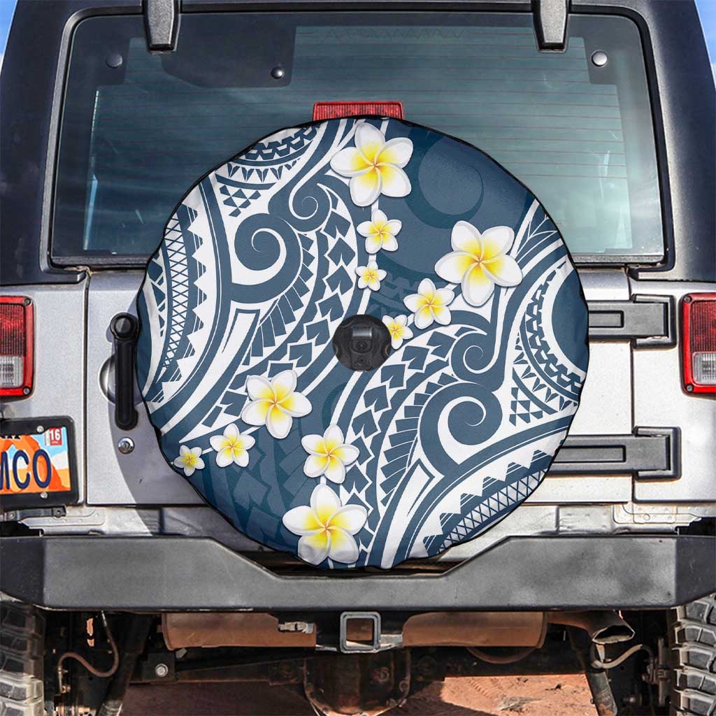 Plumeria With Blue Polynesian Tattoo Pattern Spare Tire Cover