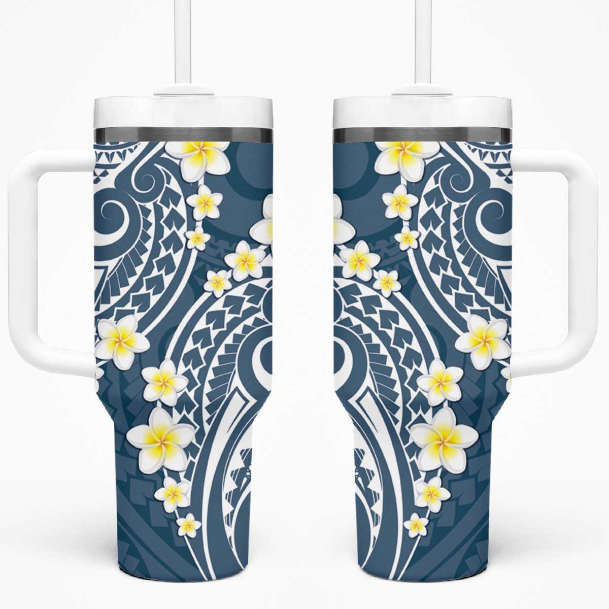Plumeria With Blue Polynesian Tattoo Pattern Tumbler With Handle LT05 One Size: 40 oz Blue - Polynesian Pride