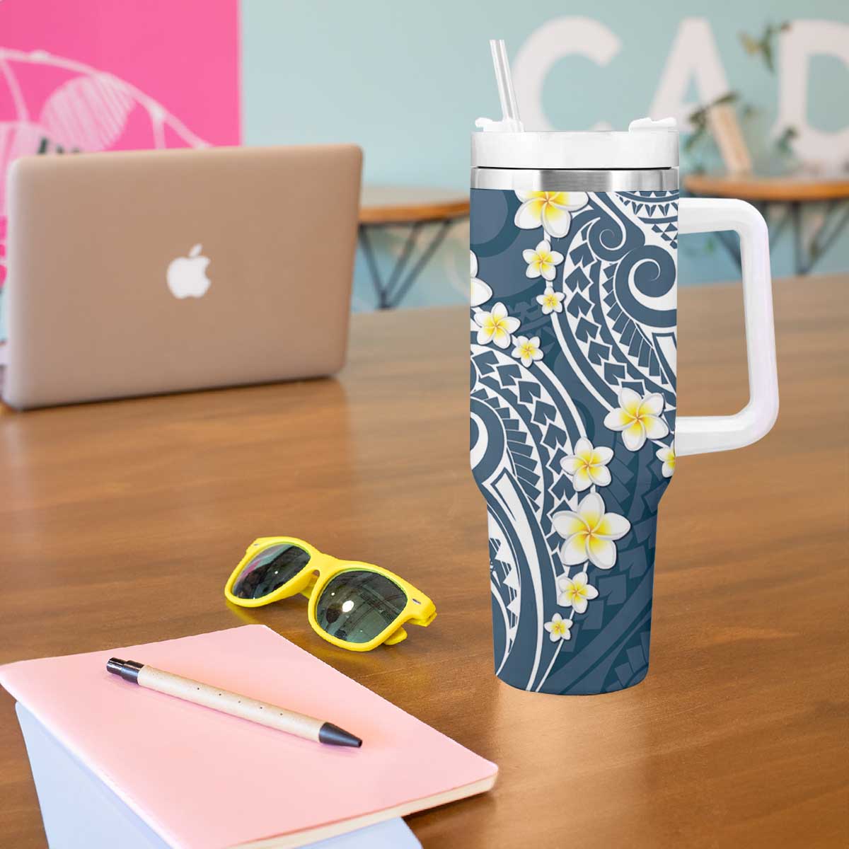 Plumeria With Blue Polynesian Tattoo Pattern Tumbler With Handle LT05 - Polynesian Pride