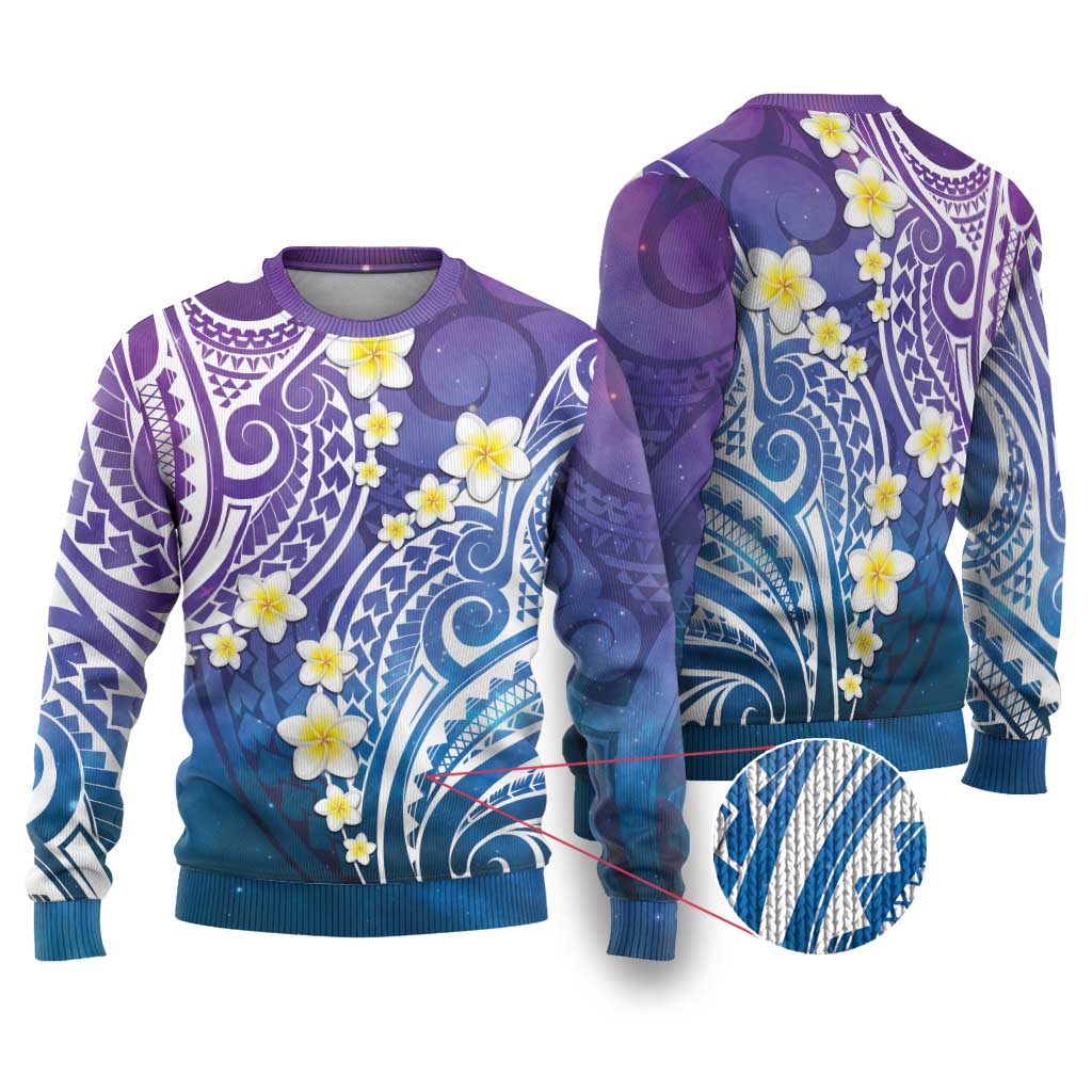 Plumeria With Galaxy Polynesian Tattoo Pattern Ugly Christmas Sweater LT05 Galaxy - Polynesian Pride