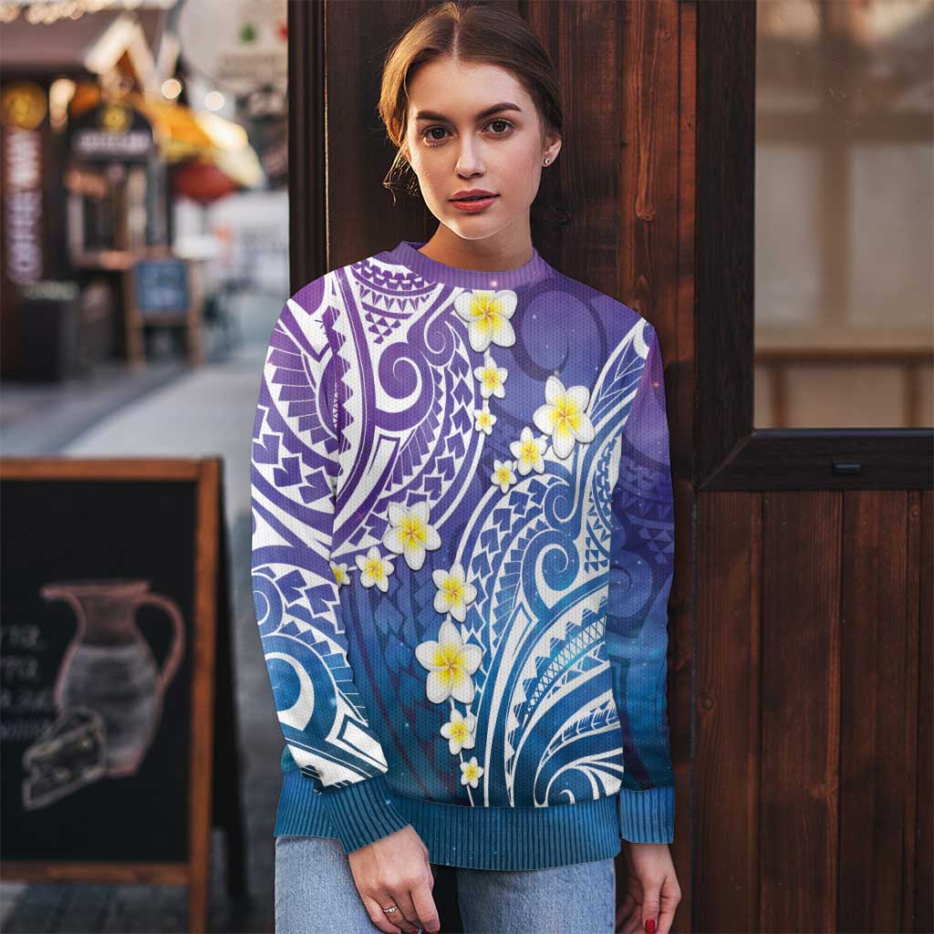 Plumeria With Galaxy Polynesian Tattoo Pattern Ugly Christmas Sweater LT05 - Polynesian Pride
