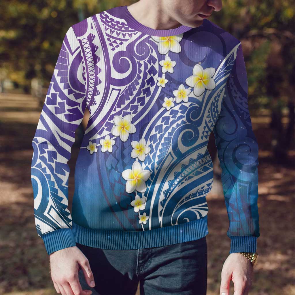 Plumeria With Galaxy Polynesian Tattoo Pattern Ugly Christmas Sweater LT05 - Polynesian Pride