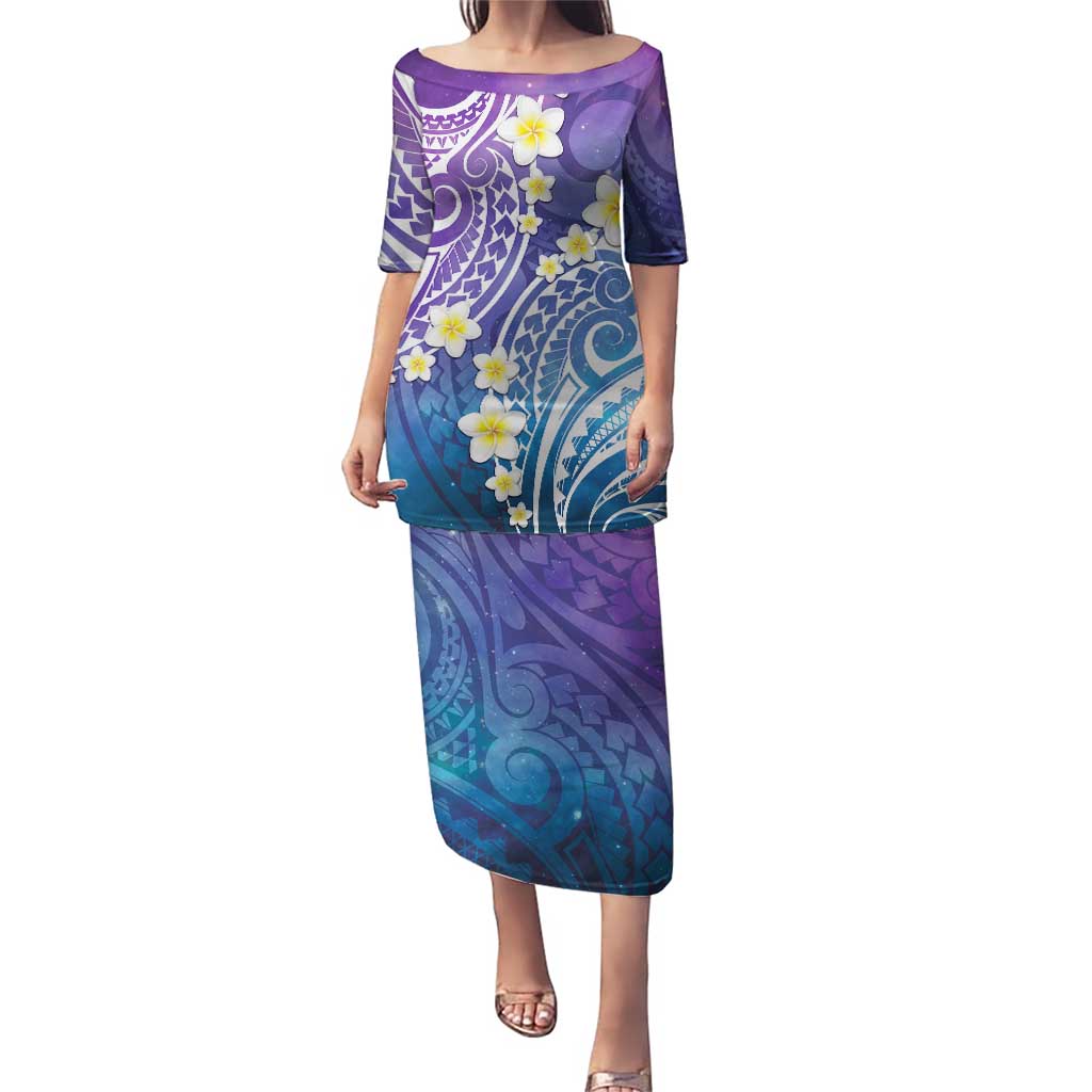 Plumeria With Galaxy Polynesian Tattoo Pattern Puletasi LT05 Long Dress Galaxy - Polynesian Pride