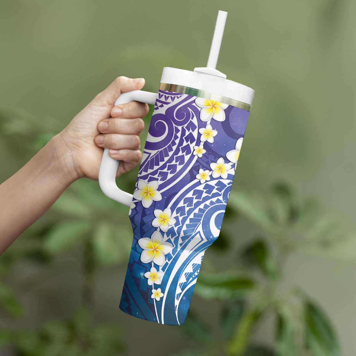 Plumeria With Galaxy Gradient Polynesian Tattoo Pattern Tumbler With Handle LT05 - Polynesian Pride