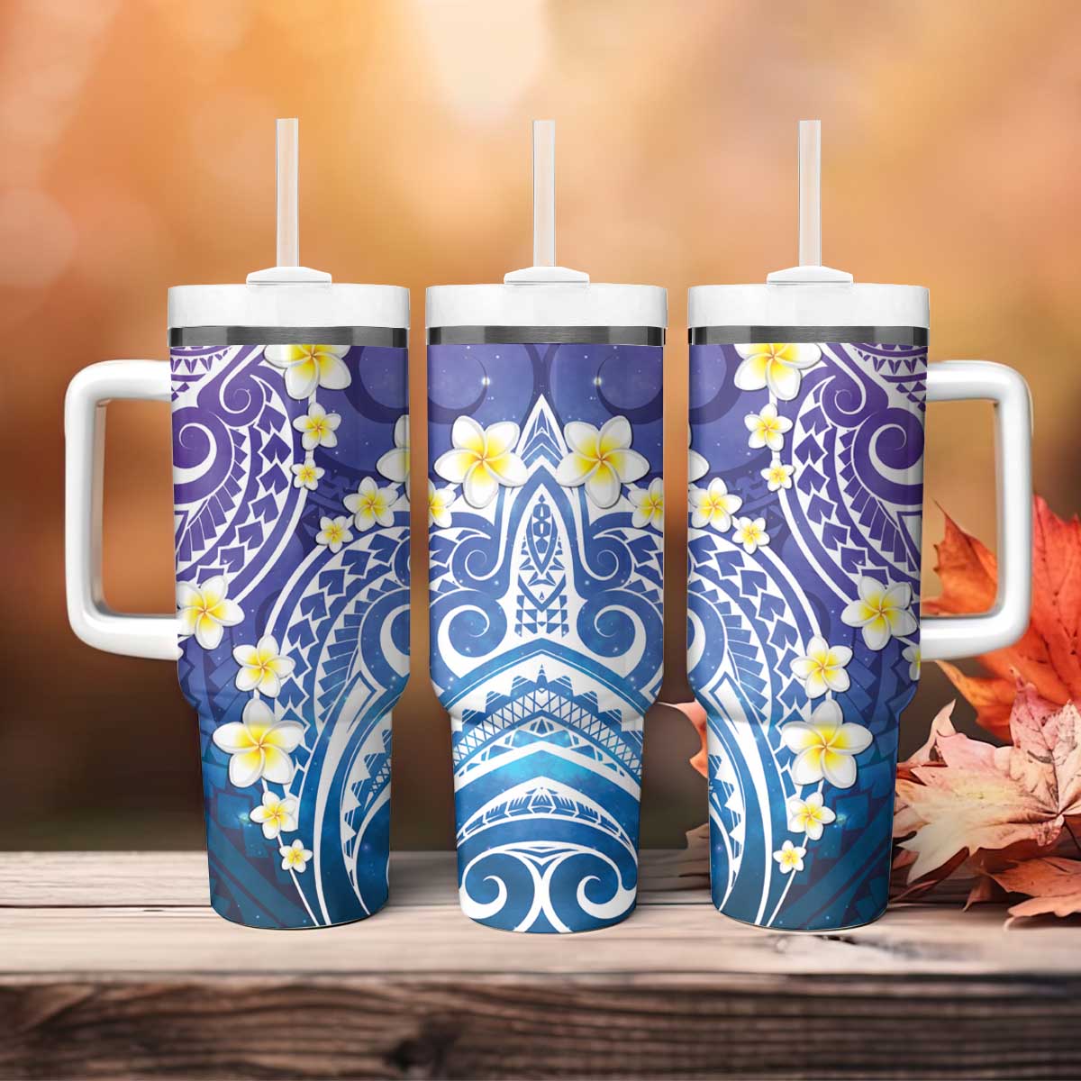 Plumeria With Galaxy Gradient Polynesian Tattoo Pattern Tumbler With Handle LT05 - Polynesian Pride