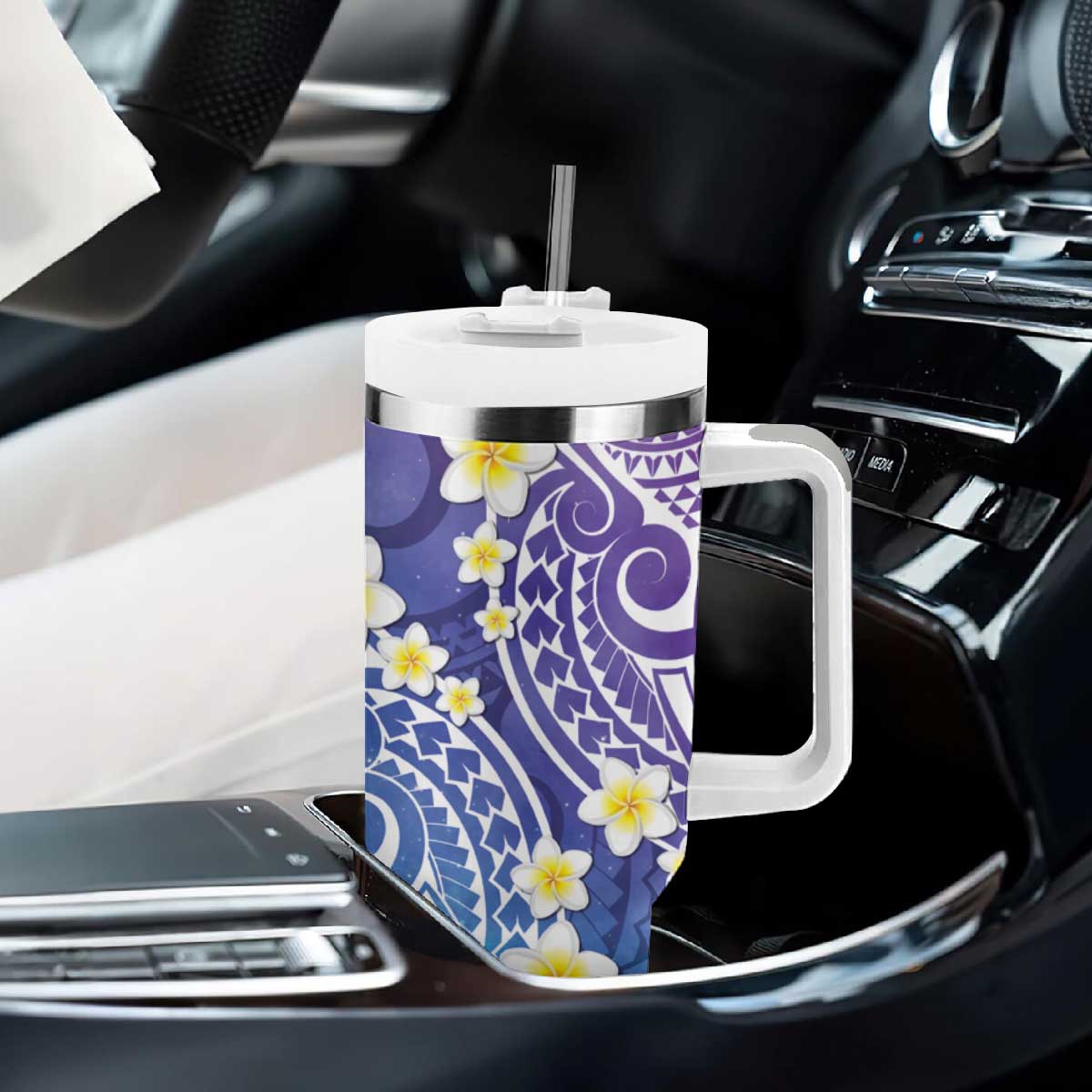 Plumeria With Galaxy Gradient Polynesian Tattoo Pattern Tumbler With Handle LT05 - Polynesian Pride