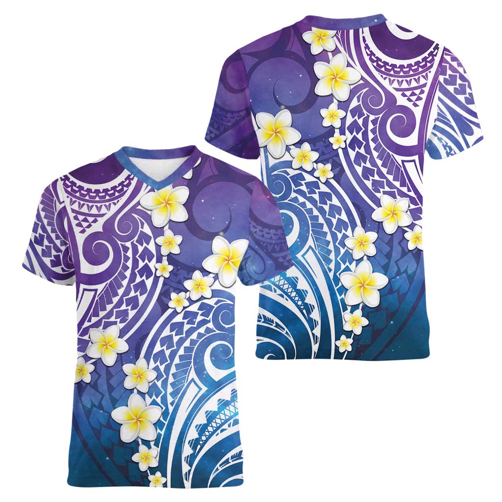 Plumeria With Galaxy Polynesian Tattoo Pattern Women V-Neck T-Shirt LT05 - Polynesian Pride