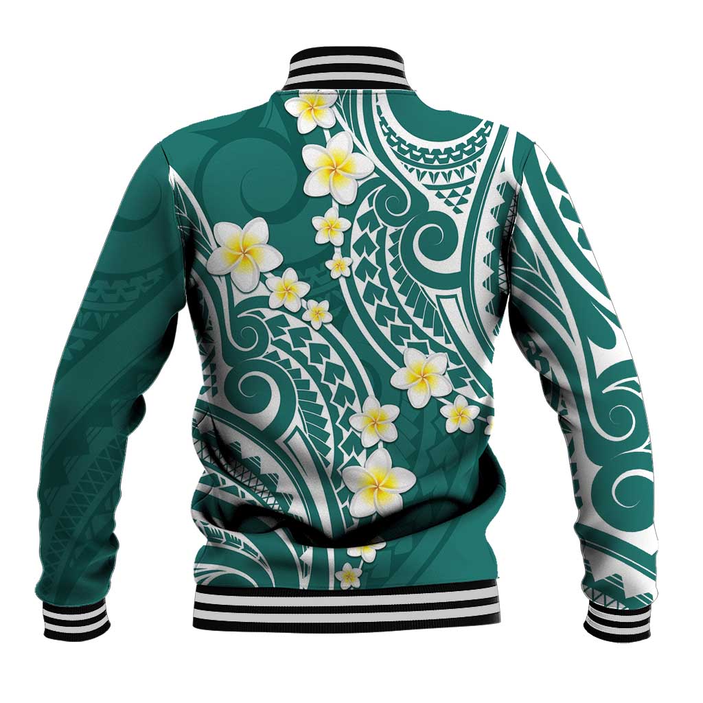 Plumeria With Teal Polynesian Tattoo Pattern Baseball Jacket LT05 - Polynesian Pride