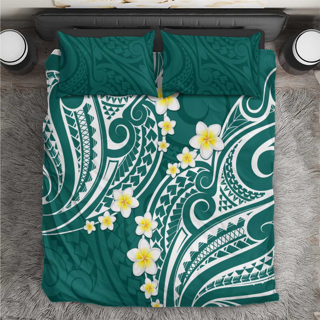 Plumeria With Teal Polynesian Tattoo Pattern Bedding Set