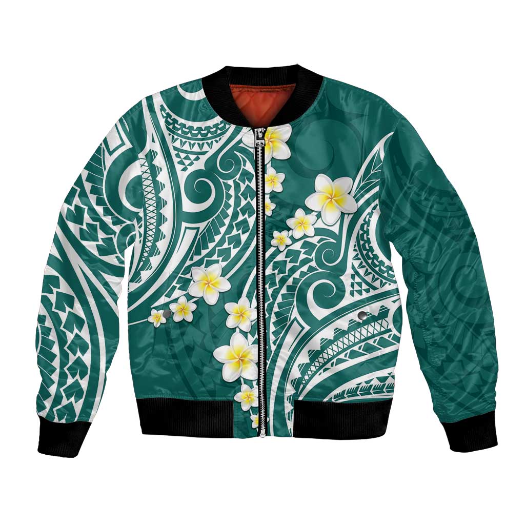 Plumeria With Teal Polynesian Tattoo Pattern Bomber Jacket LT05 Unisex Teal - Polynesian Pride