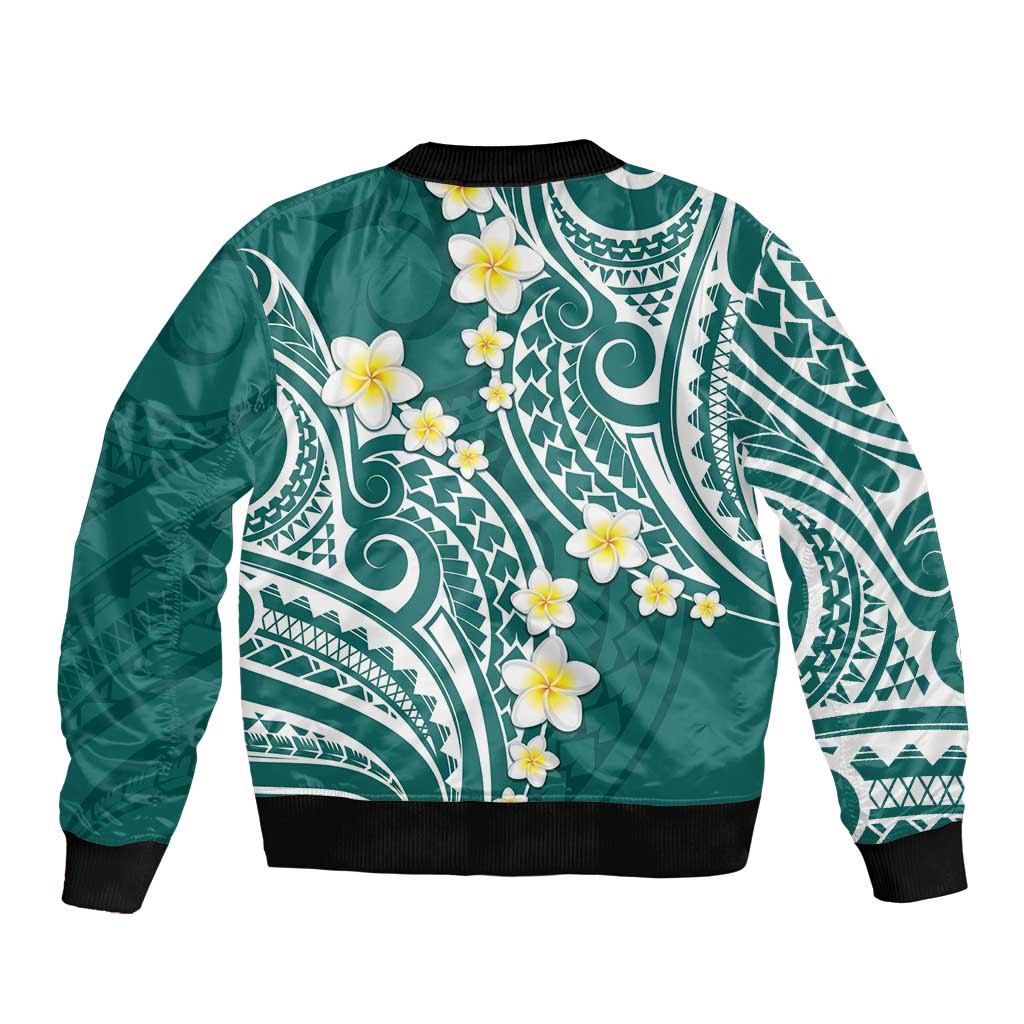 Plumeria With Teal Polynesian Tattoo Pattern Bomber Jacket LT05 - Polynesian Pride