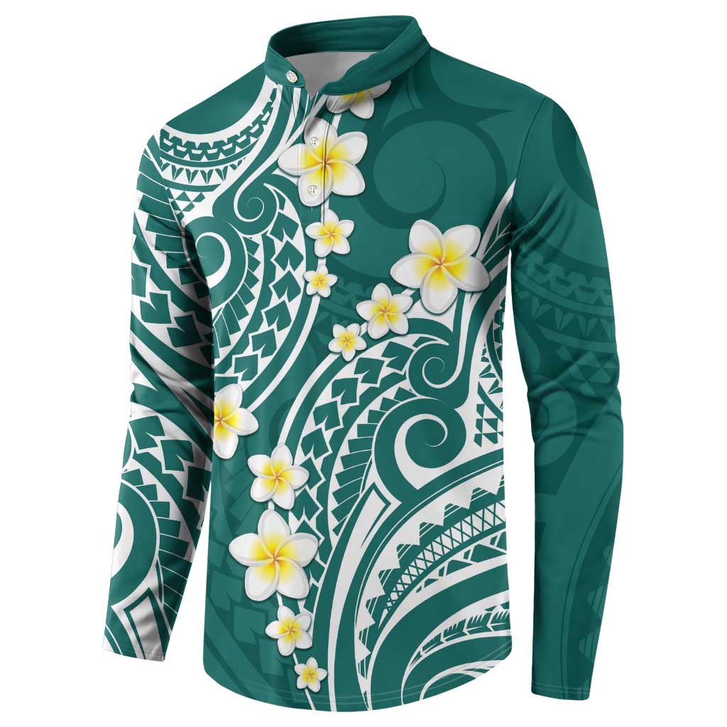 Plumeria With Teal Polynesian Tattoo Pattern Button Sweatshirt LT05 - Polynesian Pride