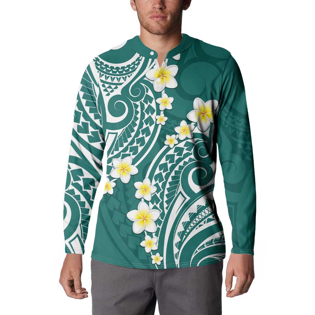 Plumeria With Teal Polynesian Tattoo Pattern Button Sweatshirt LT05 - Polynesian Pride