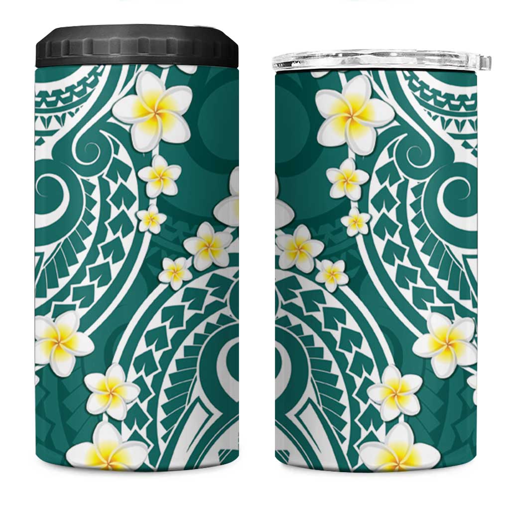Plumeria With Teal Polynesian Tattoo Pattern 4 in 1 Can Cooler Tumbler LT05 One Size: 16 oz Teal - Polynesian Pride