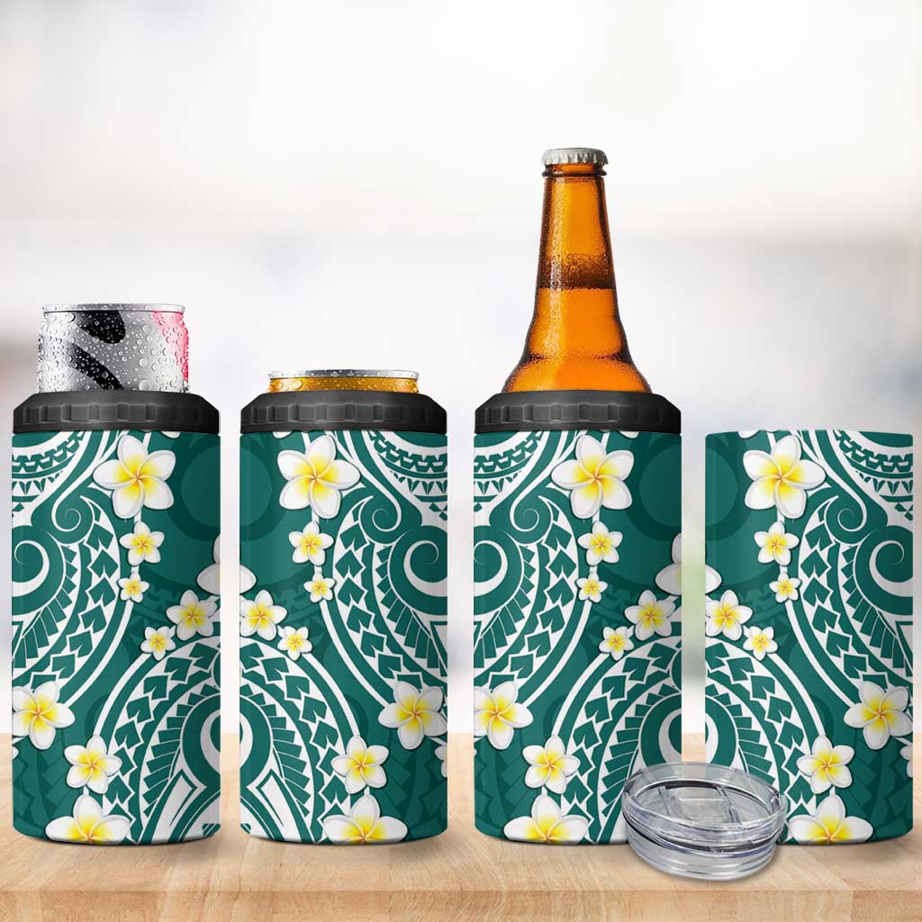 Plumeria With Teal Polynesian Tattoo Pattern 4 in 1 Can Cooler Tumbler LT05 - Polynesian Pride
