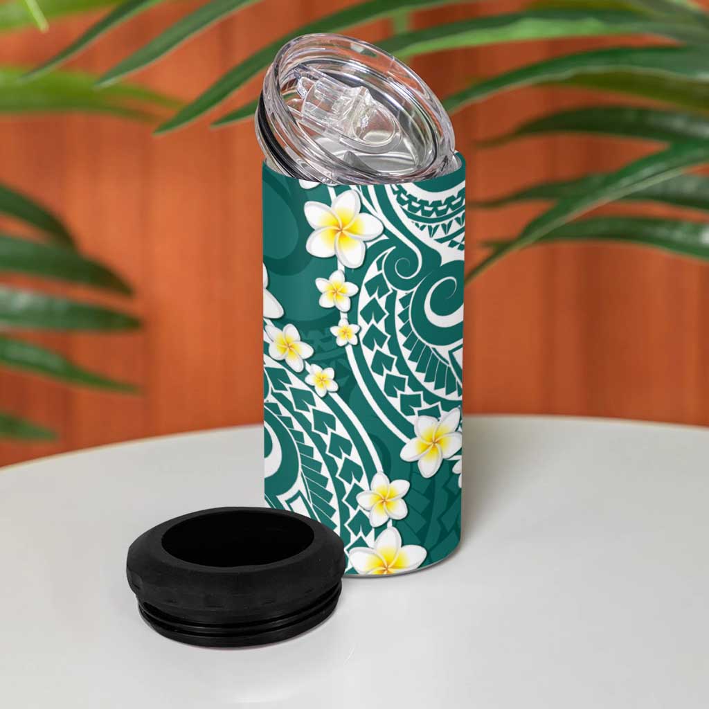 Plumeria With Teal Polynesian Tattoo Pattern 4 in 1 Can Cooler Tumbler LT05 - Polynesian Pride