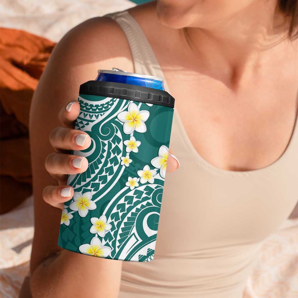 Plumeria With Teal Polynesian Tattoo Pattern 4 in 1 Can Cooler Tumbler LT05 - Polynesian Pride