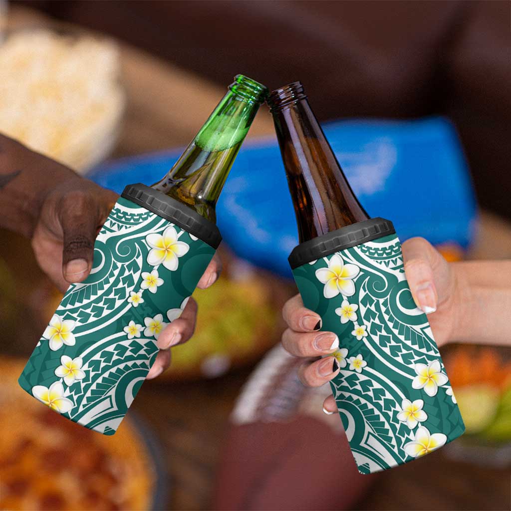 Plumeria With Teal Polynesian Tattoo Pattern 4 in 1 Can Cooler Tumbler LT05 - Polynesian Pride