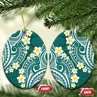 Plumeria With Teal Polynesian Tattoo Pattern Ceramic Ornament LT05 Oval Teal - Polynesian Pride