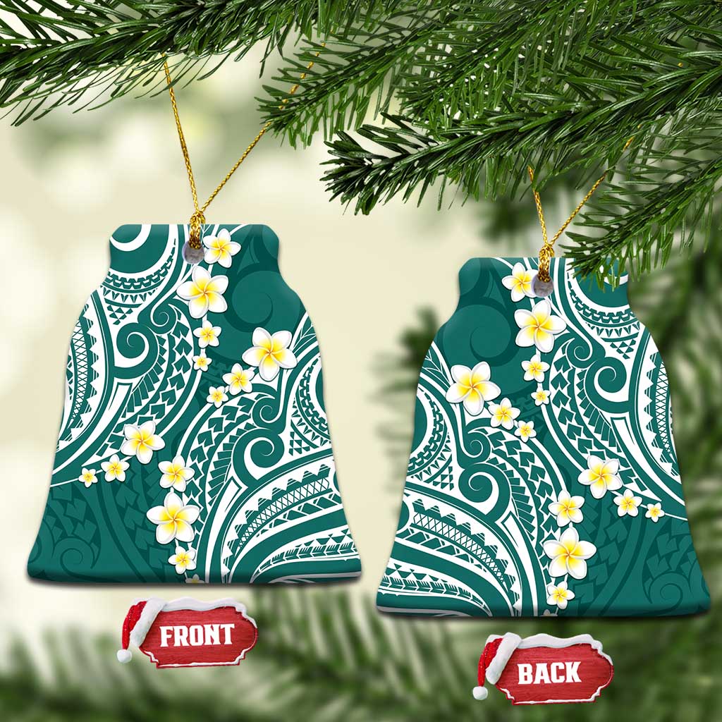 Plumeria With Teal Polynesian Tattoo Pattern Ceramic Ornament LT05 Bell Flake Teal - Polynesian Pride