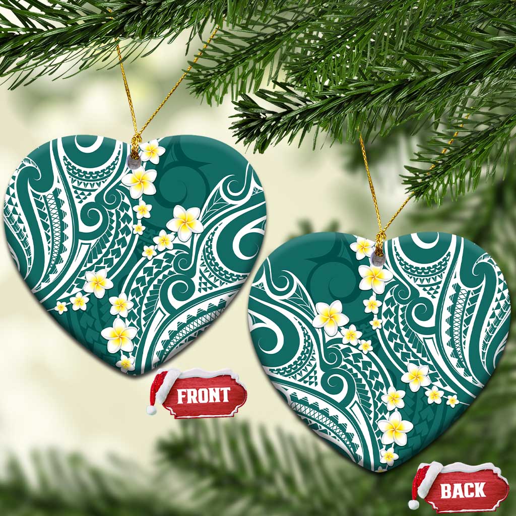 Plumeria With Teal Polynesian Tattoo Pattern Ceramic Ornament LT05 Heart Teal - Polynesian Pride