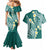 Plumeria With Teal Polynesian Tattoo Pattern Couples Matching Mermaid Dress and Hawaiian Shirt