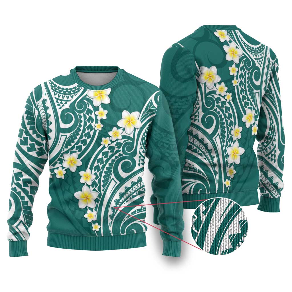 Plumeria With Teal Polynesian Tattoo Pattern Ugly Christmas Sweater LT05 Teal - Polynesian Pride