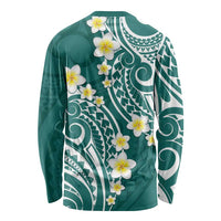 Plumeria With Teal Polynesian Tattoo Pattern Long Sleeve Shirt LT05 - Polynesian Pride
