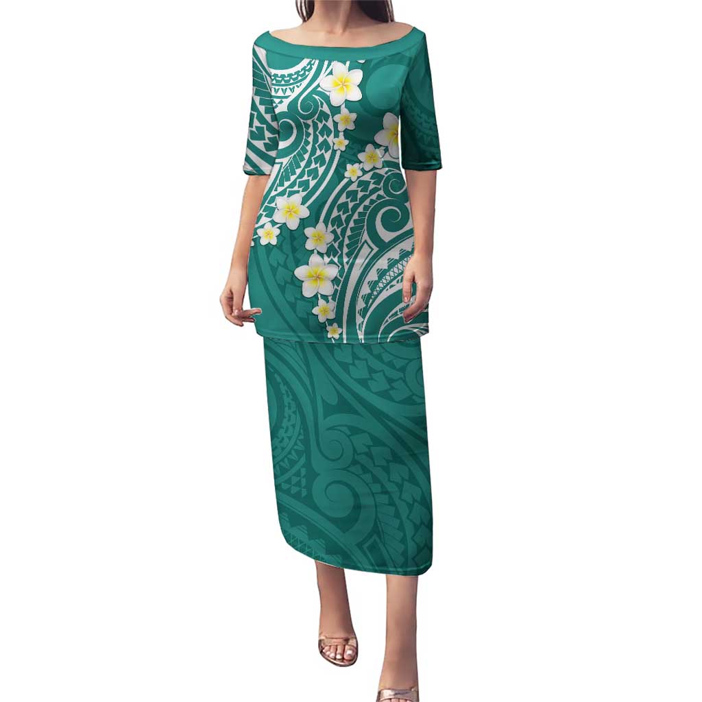 Plumeria With Teal Polynesian Tattoo Pattern Puletasi LT05 Long Dress Teal - Polynesian Pride