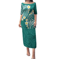 Plumeria With Teal Polynesian Tattoo Pattern Puletasi LT05 Long Dress Teal - Polynesian Pride