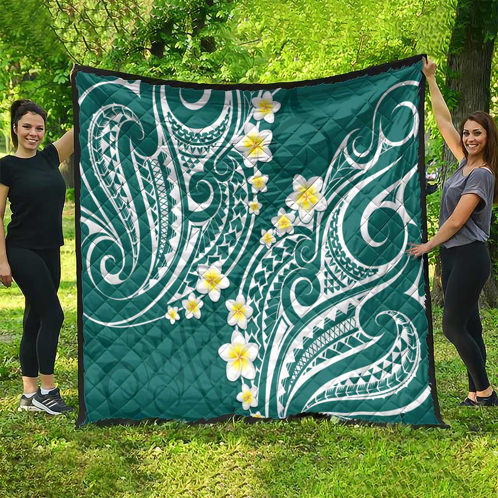 Plumeria With Teal Polynesian Tattoo Pattern Quilt LT05 - Polynesian Pride