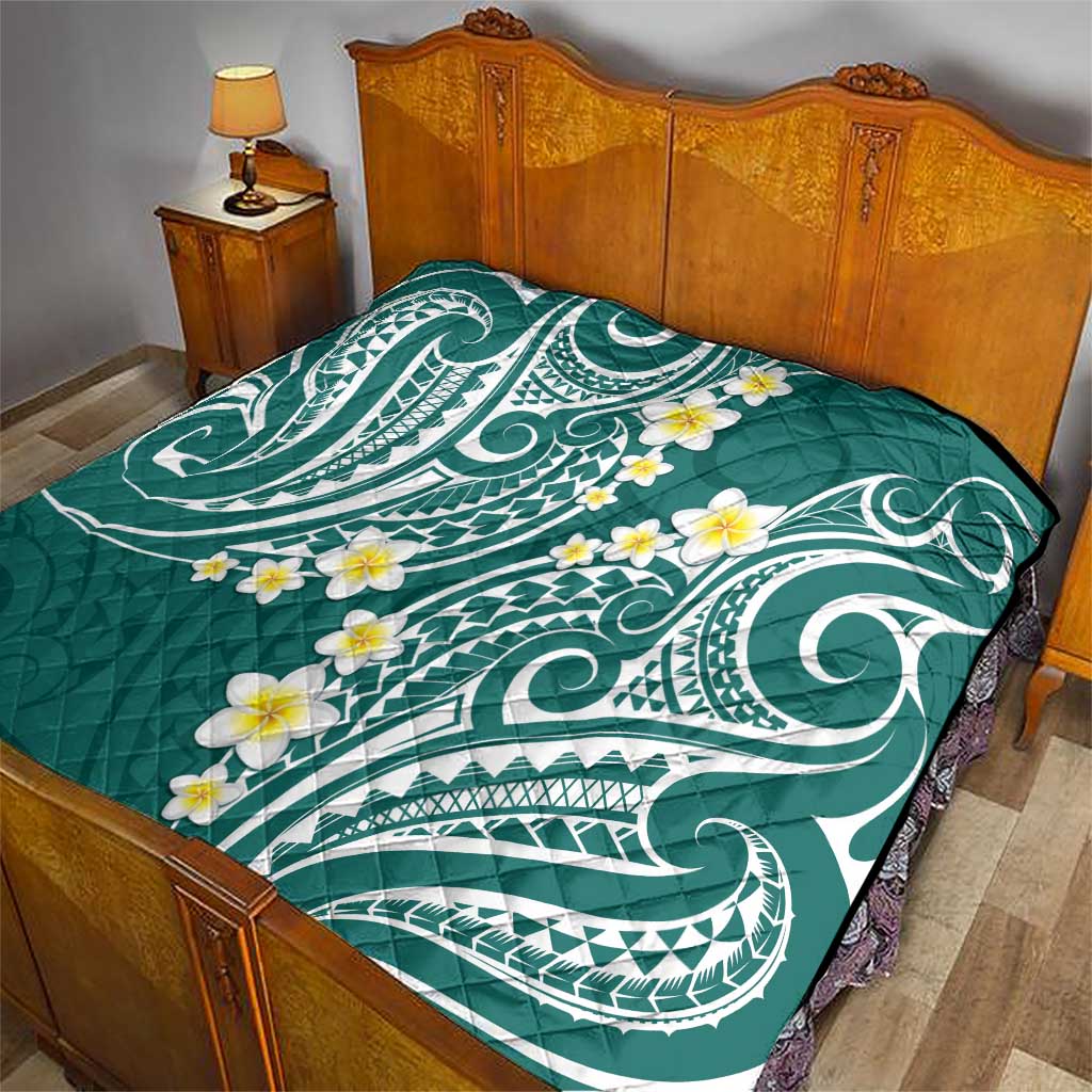 Plumeria With Teal Polynesian Tattoo Pattern Quilt LT05 - Polynesian Pride