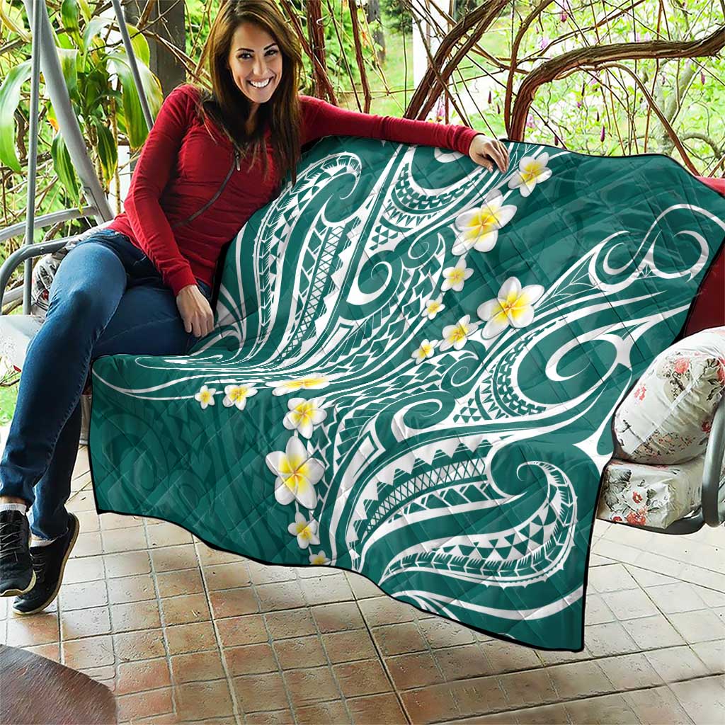 Plumeria With Teal Polynesian Tattoo Pattern Quilt LT05 - Polynesian Pride