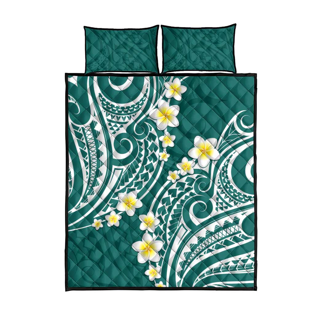 Plumeria With Teal Polynesian Tattoo Pattern Quilt Bed Set LT05 - Polynesian Pride