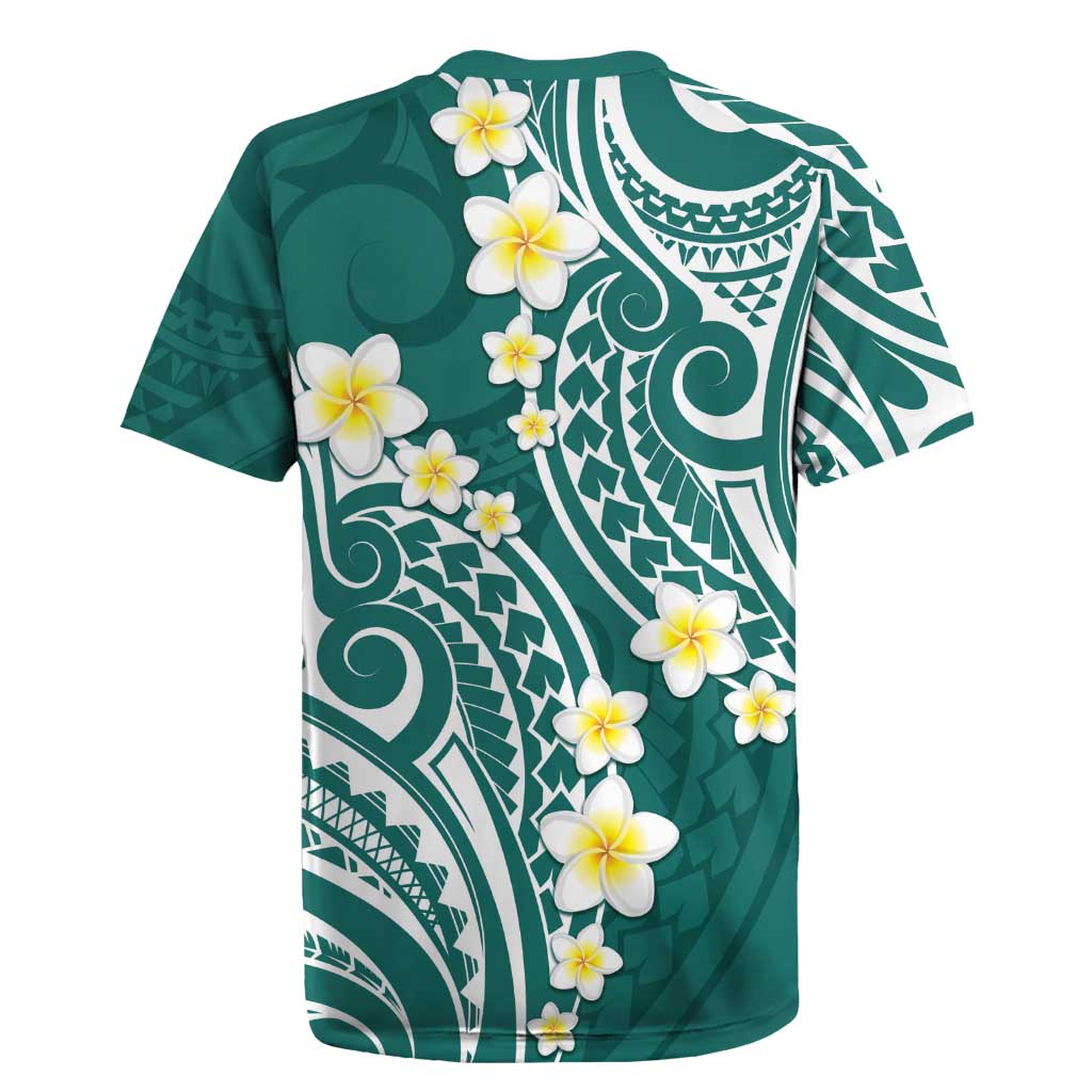 Plumeria With Teal Polynesian Tattoo Pattern Rugby Jersey LT05 - Polynesian Pride