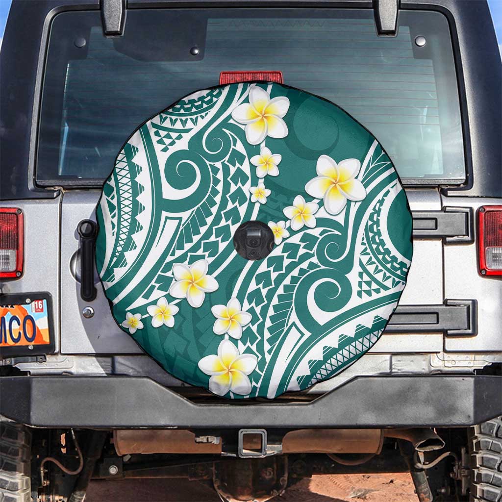 Plumeria With Teal Polynesian Tattoo Pattern Spare Tire Cover