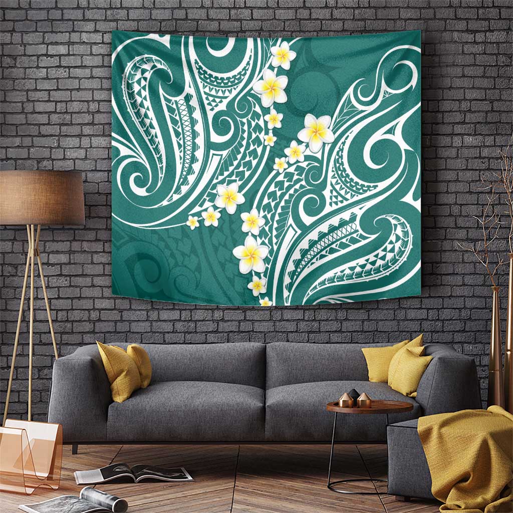 Plumeria With Teal Polynesian Tattoo Pattern Tapestry LT05 - Polynesian Pride