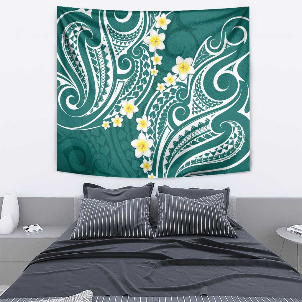 Plumeria With Teal Polynesian Tattoo Pattern Tapestry LT05 - Polynesian Pride