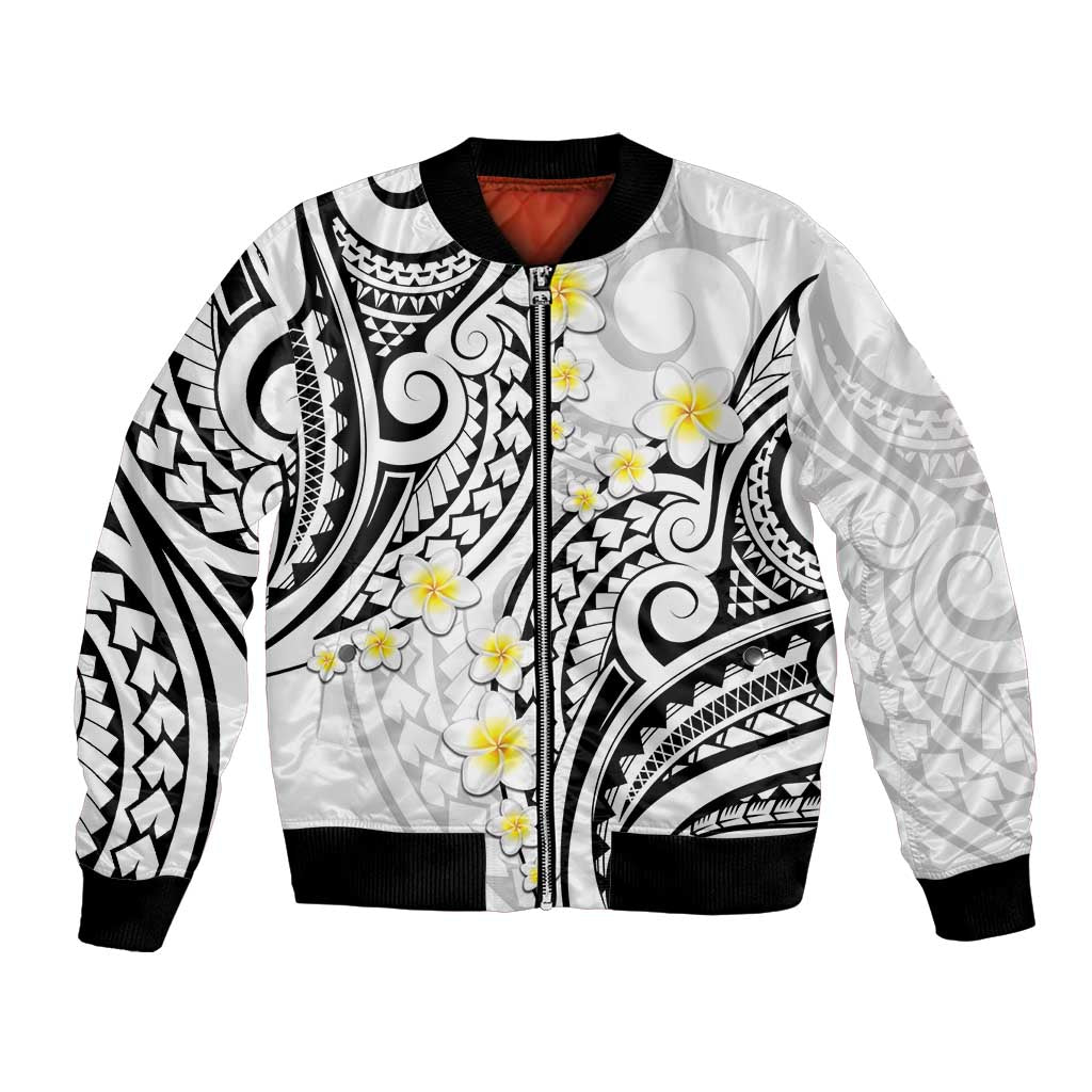 Plumeria With White Polynesian Tattoo Pattern Bomber Jacket LT05 Unisex White - Polynesian Pride