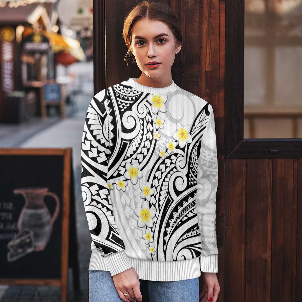 Plumeria With White Polynesian Tattoo Pattern Ugly Christmas Sweater LT05 - Polynesian Pride