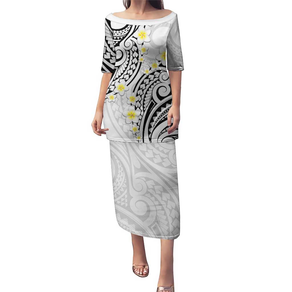 Plumeria With White Polynesian Tattoo Pattern Puletasi LT05 Long Dress White - Polynesian Pride