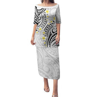 Plumeria With White Polynesian Tattoo Pattern Puletasi LT05 Long Dress White - Polynesian Pride