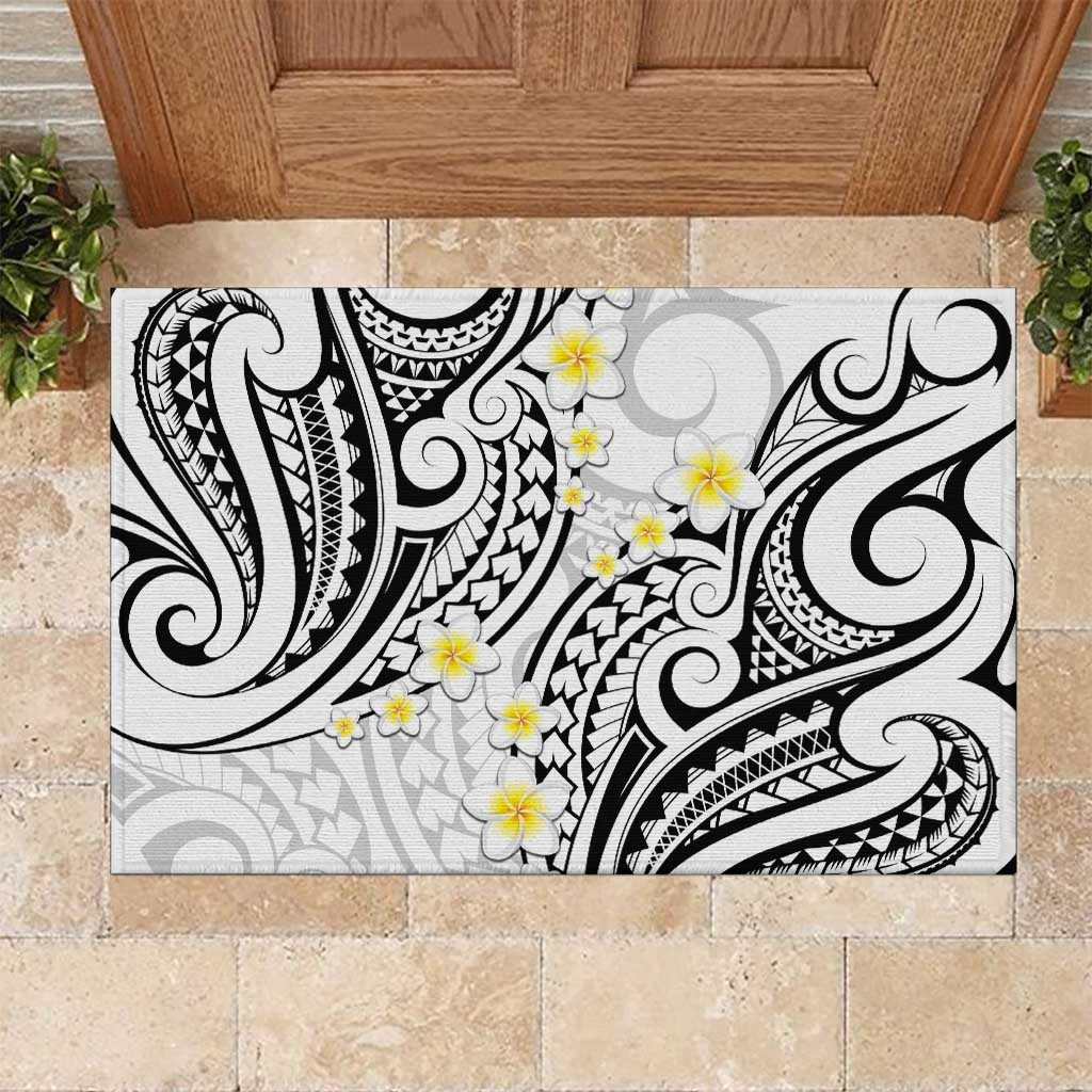 Plumeria With White Polynesian Tattoo Pattern Rubber Doormat LT05 White - Polynesian Pride
