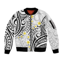 Plumeria With White Polynesian Tattoo Pattern Sleeve Zip Bomber Jacket LT05 Unisex White - Polynesian Pride