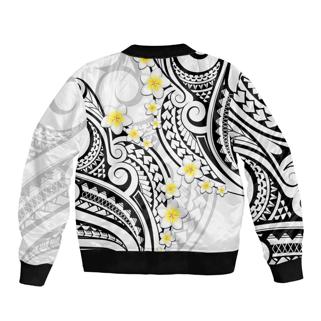 Plumeria With White Polynesian Tattoo Pattern Sleeve Zip Bomber Jacket LT05 - Polynesian Pride