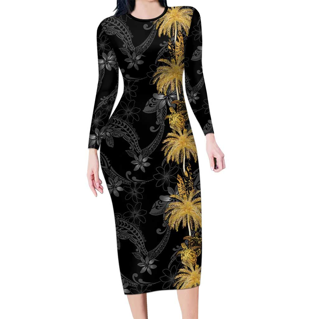 Hawaiian Honu And Surfboards Long Sleeve Bodycon Dress Gold Style LT05 Long Dress Gold - Polynesian Pride