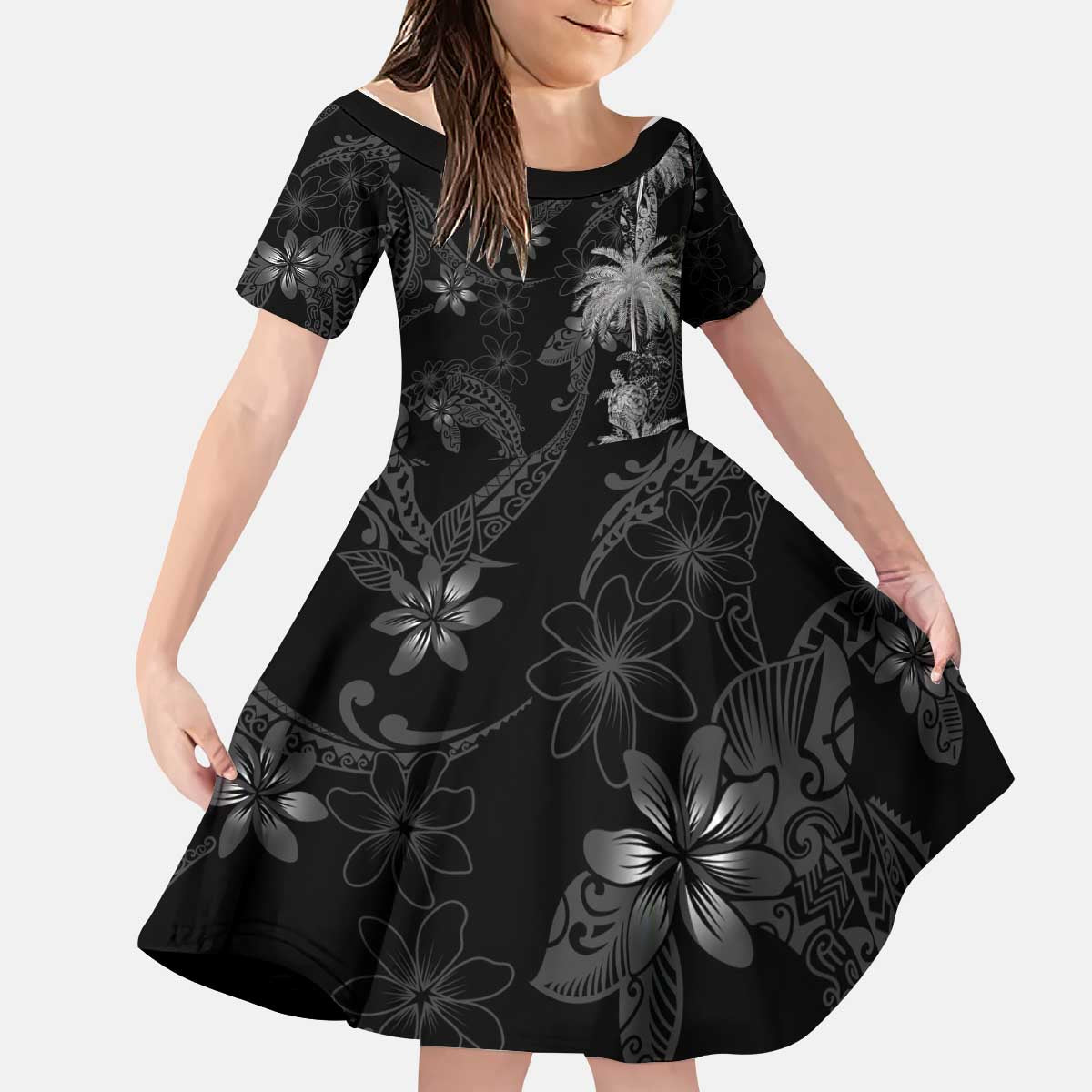 Hawaiian Honu And Surfboards Kid Short Sleeve Dress Silver Style LT05 KID Silver - Polynesian Pride