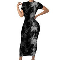 Hawaiian Honu And Surfboards Short Sleeve Bodycon Dress Silver Style LT05 Long Dress Silver - Polynesian Pride