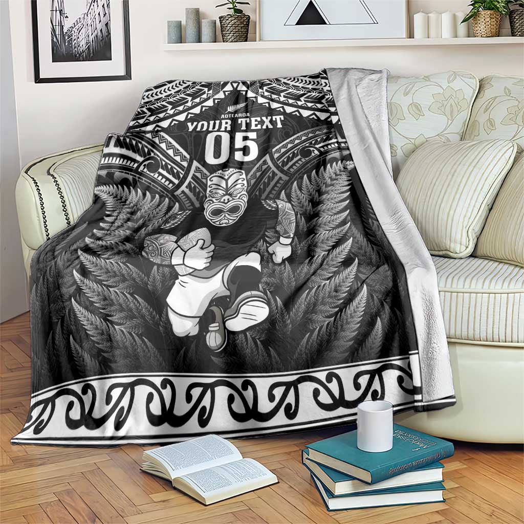 Custom New Zealand Maori Tiki Rugby Blanket Go Aotearoa Maori Pattern LT05 Black - Polynesian Pride